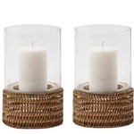 Pair Rattan Base Glass Hurricanes; Lg.